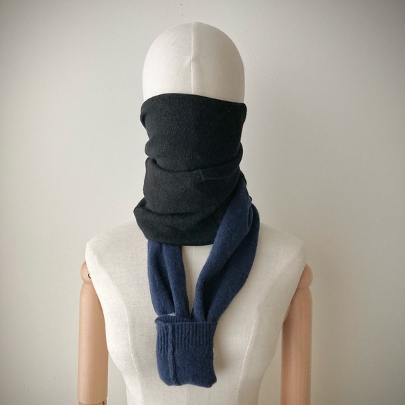 joodito 100% cashmere sweater preppy tie scarf muffler winter black navy striped - Picture 3 of 9